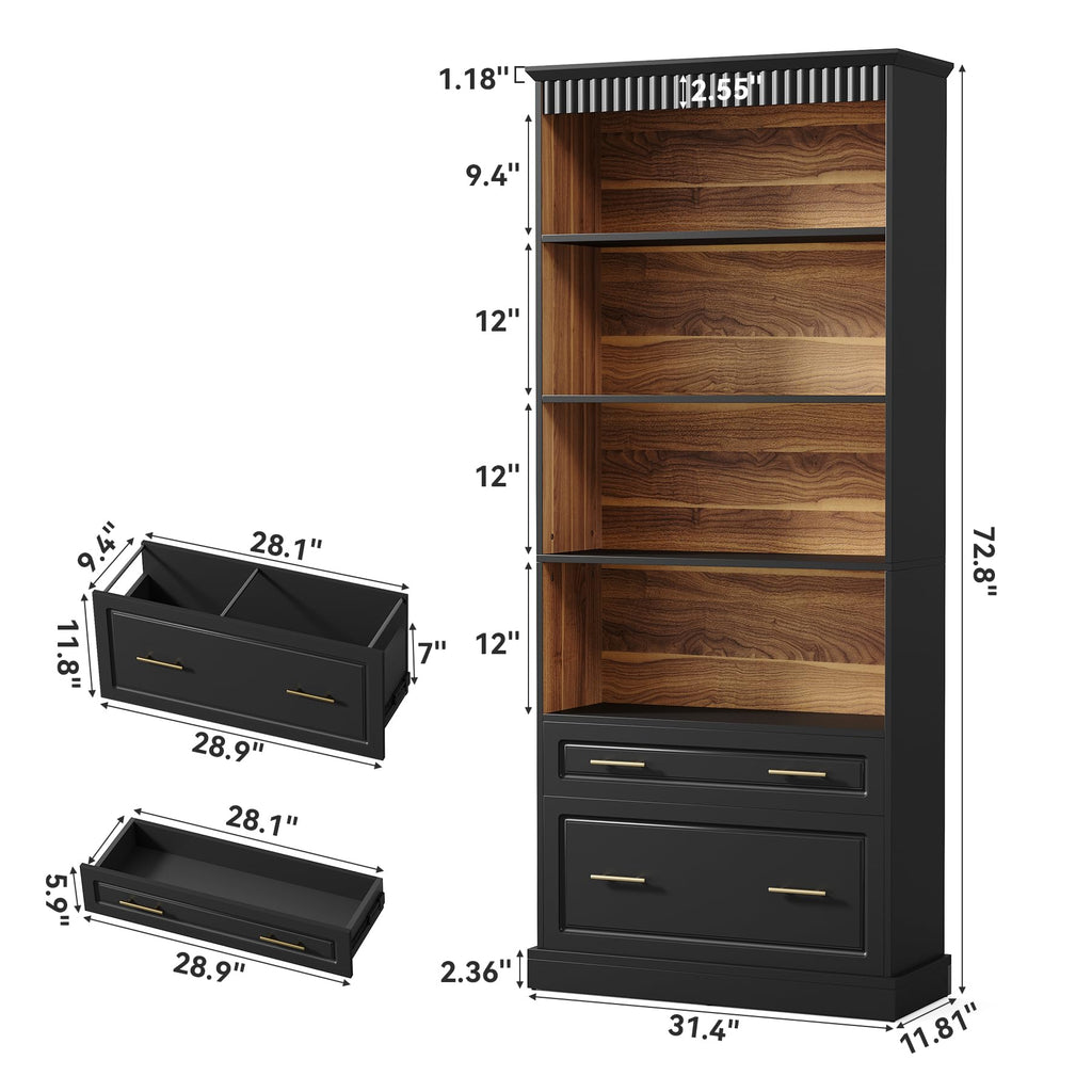 72" Tall Black 5-Tier Bookcase with 2 Drawers C75282