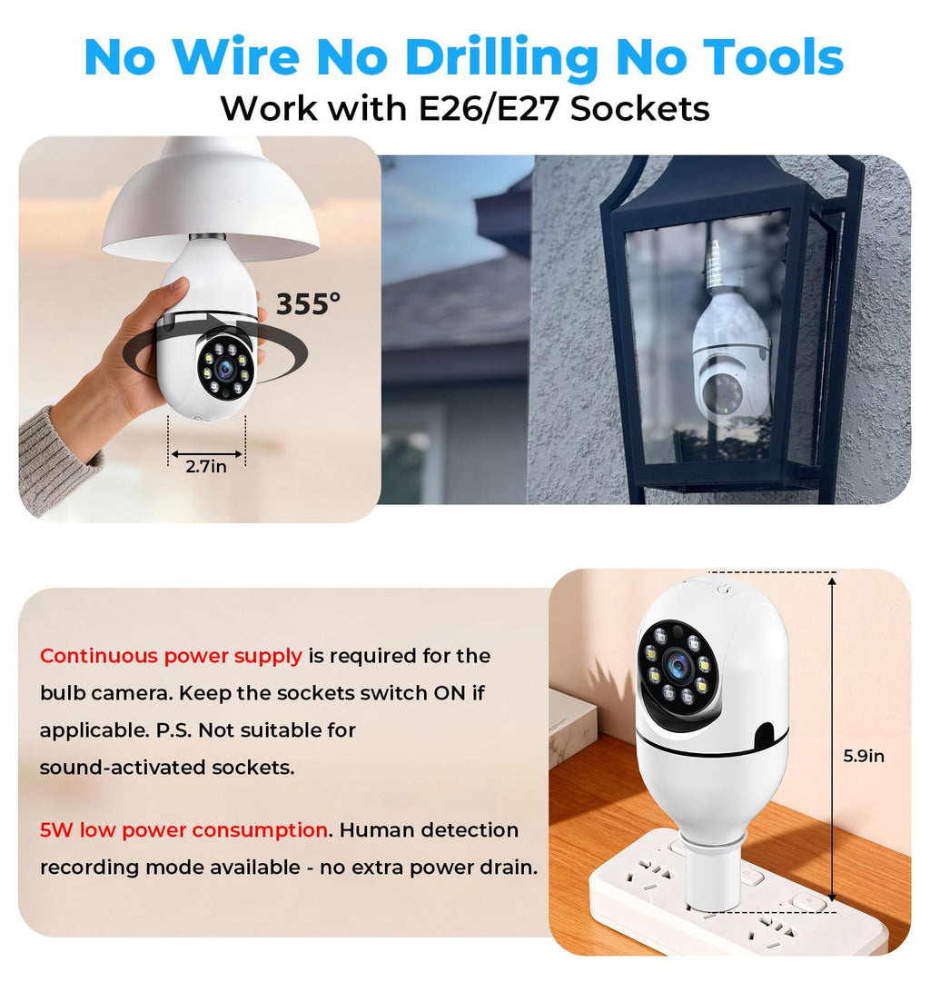 2K 5GHz & 2.4GHz WiFi Light Bulb Security Camera 360° PTZ X5352