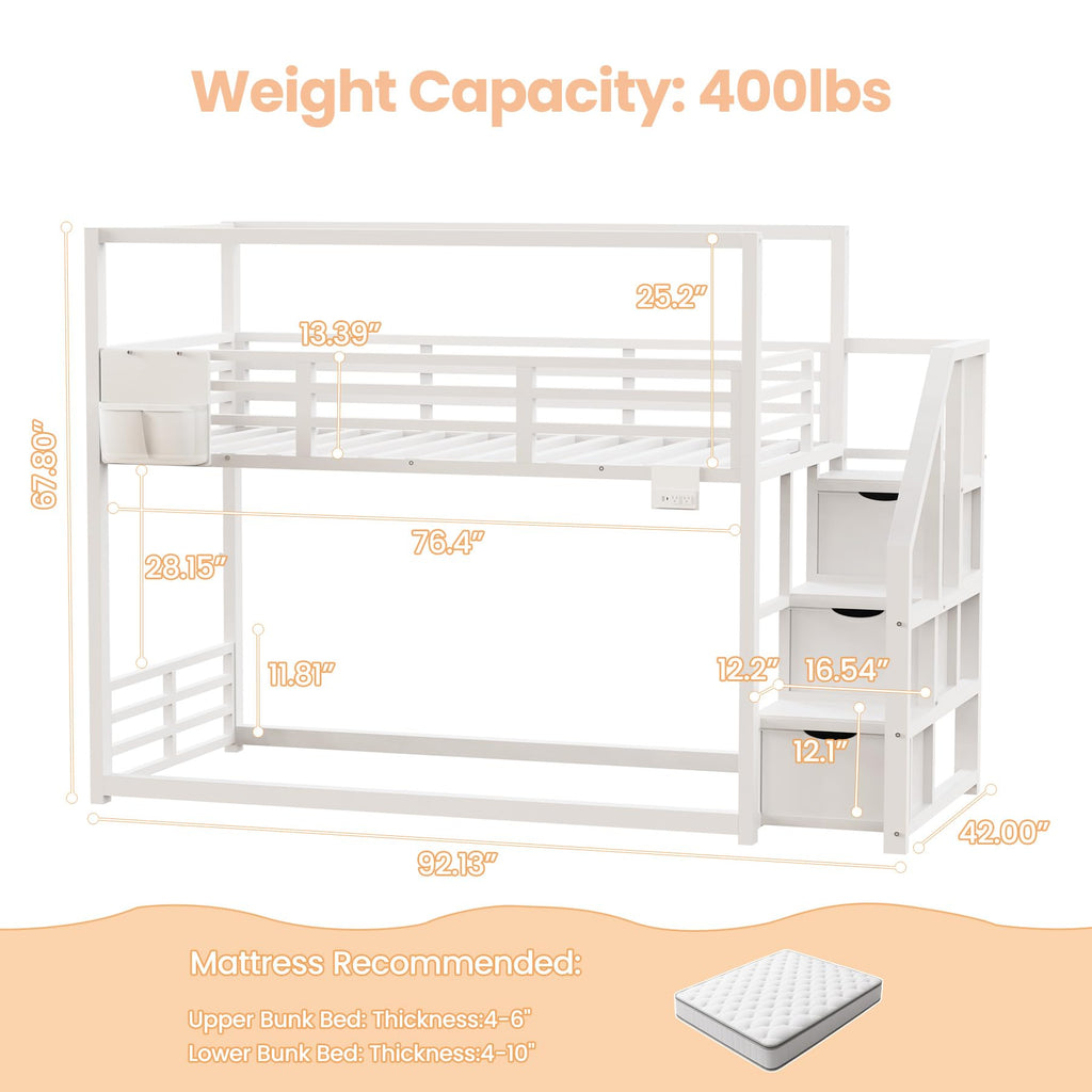 White Twin Over Twin Bunk Bed with Storage Stairs W1212