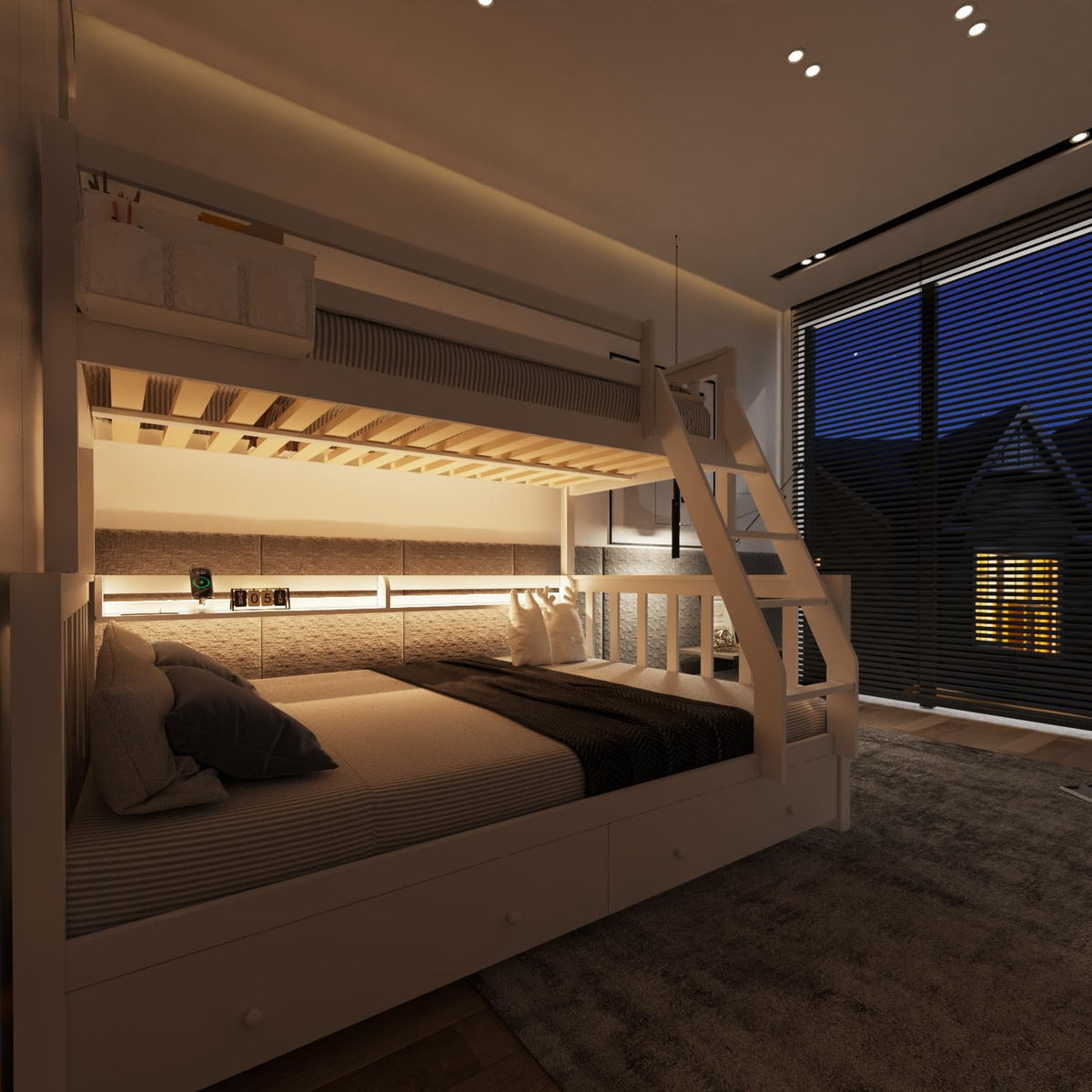 Solid Wood Bunk Bed with Charging Station and LED Lights Twin Over Full with 2 Storage Drawers S316341
