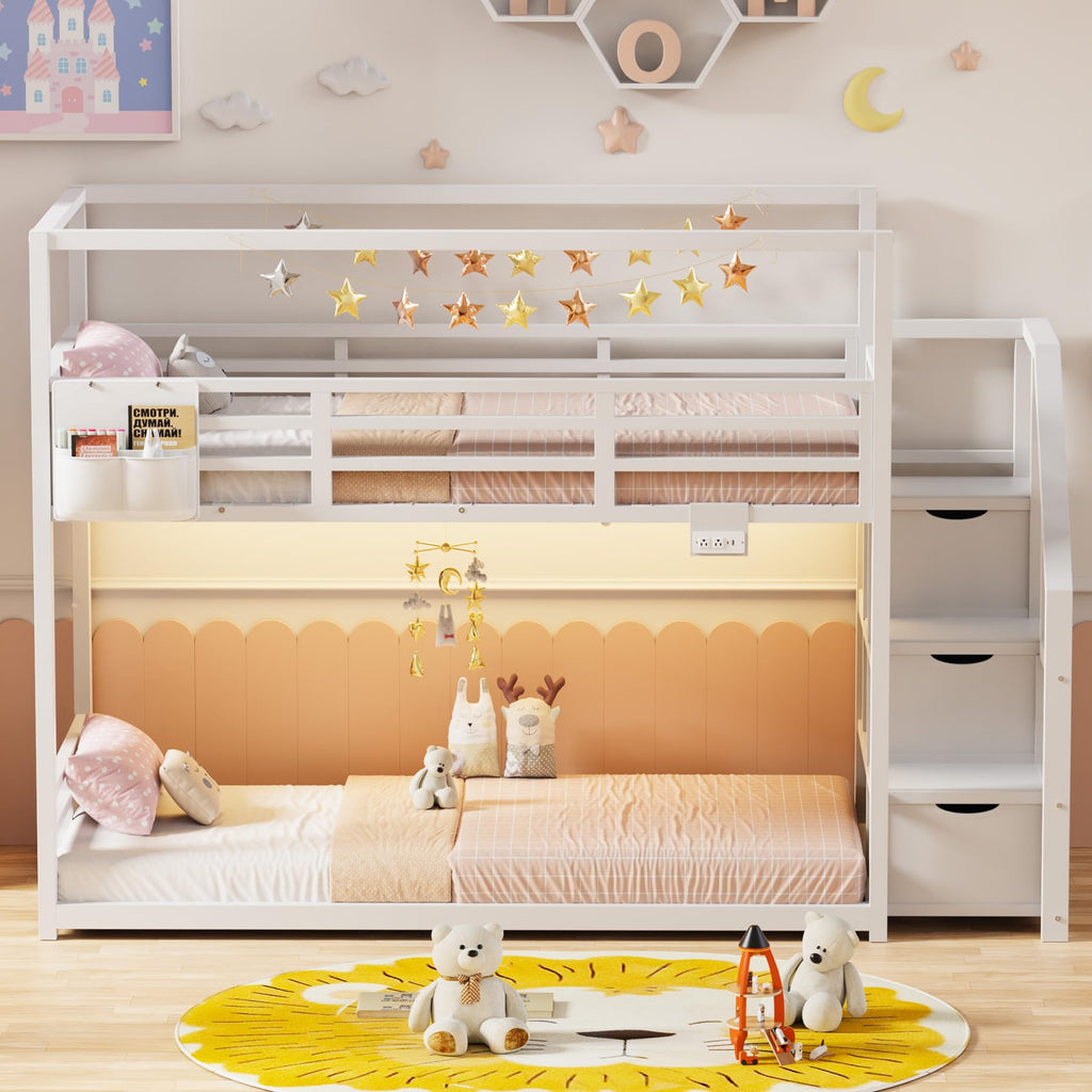 White Twin Over Twin Bunk Bed with Storage Stairs W1212