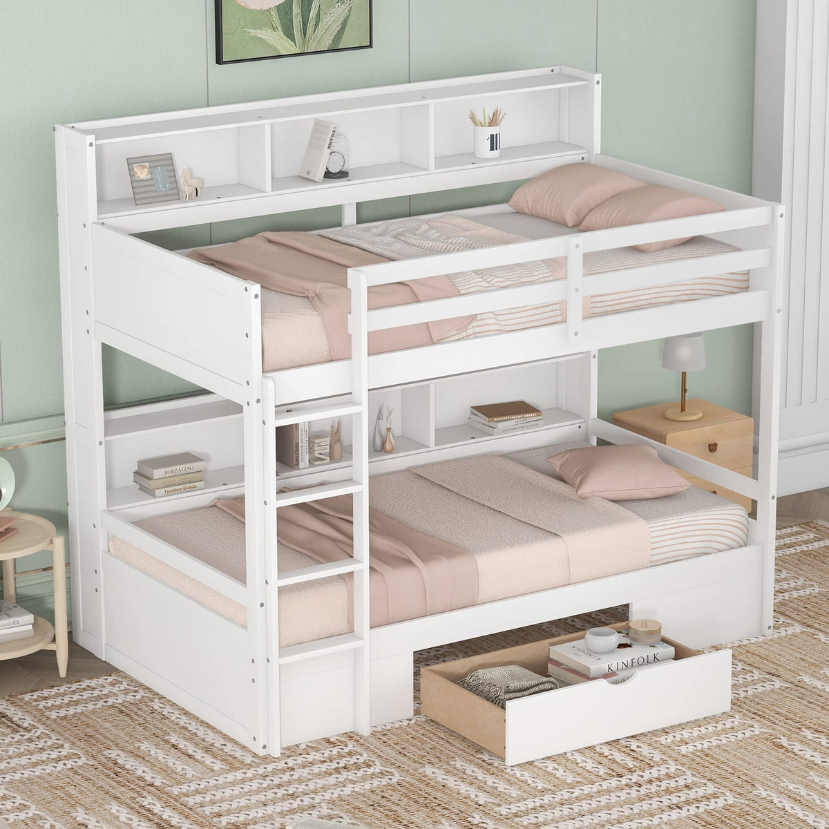 Twin Over Twin Wooden Bunk Bed with Shelves and Storage Drawer T721