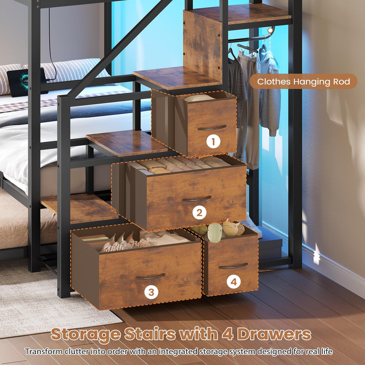 Twin Over Twin Metal Bunk Bed with Trundle and Staircase, Black C806095