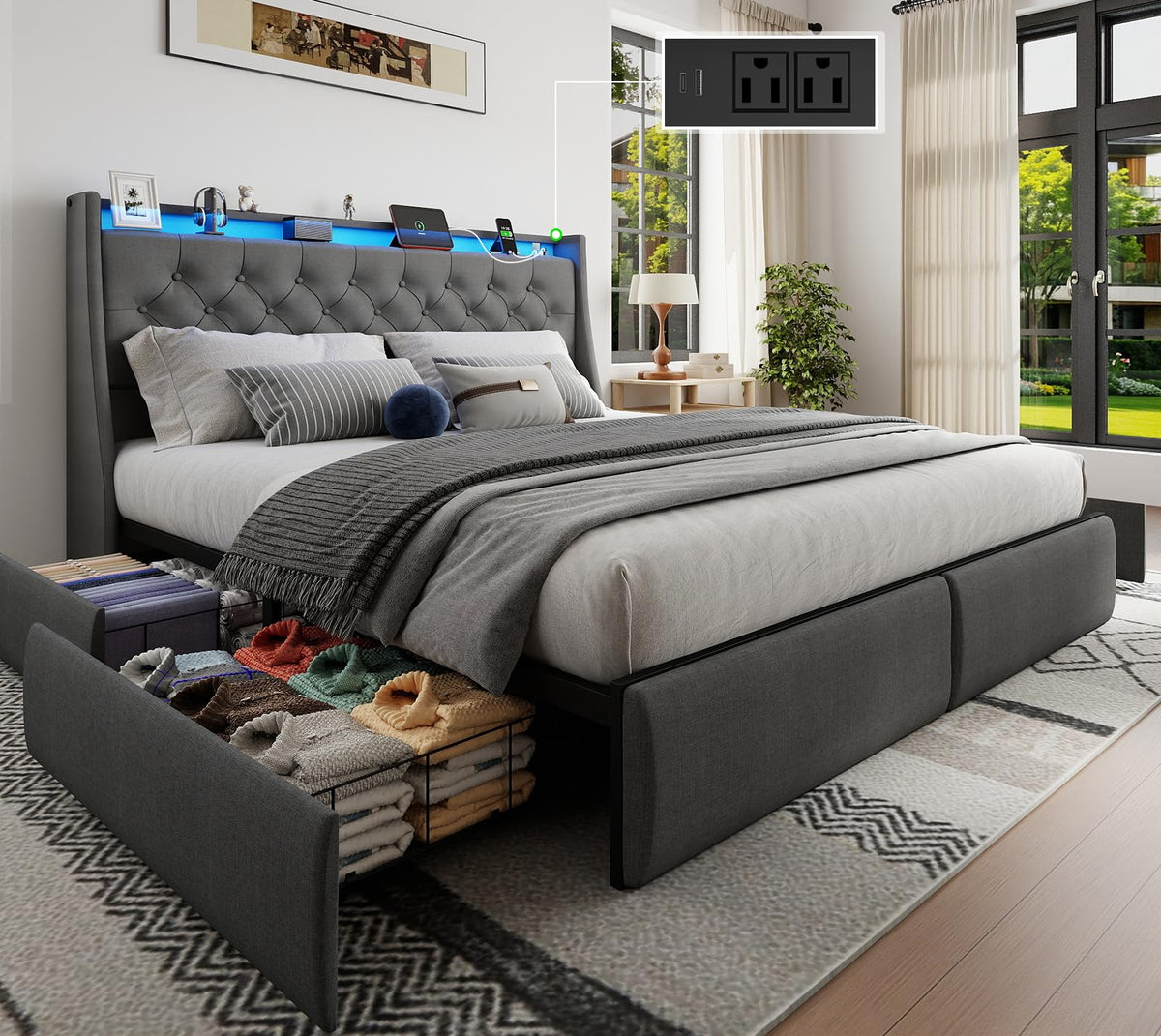 Queen Size Upholstered Bed Frame with 4 Storage Drawers L157