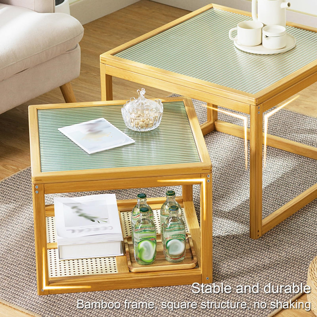Brown Square Nesting Coffee Table Set of 2 with Tempered Glass and Bamboo E61500