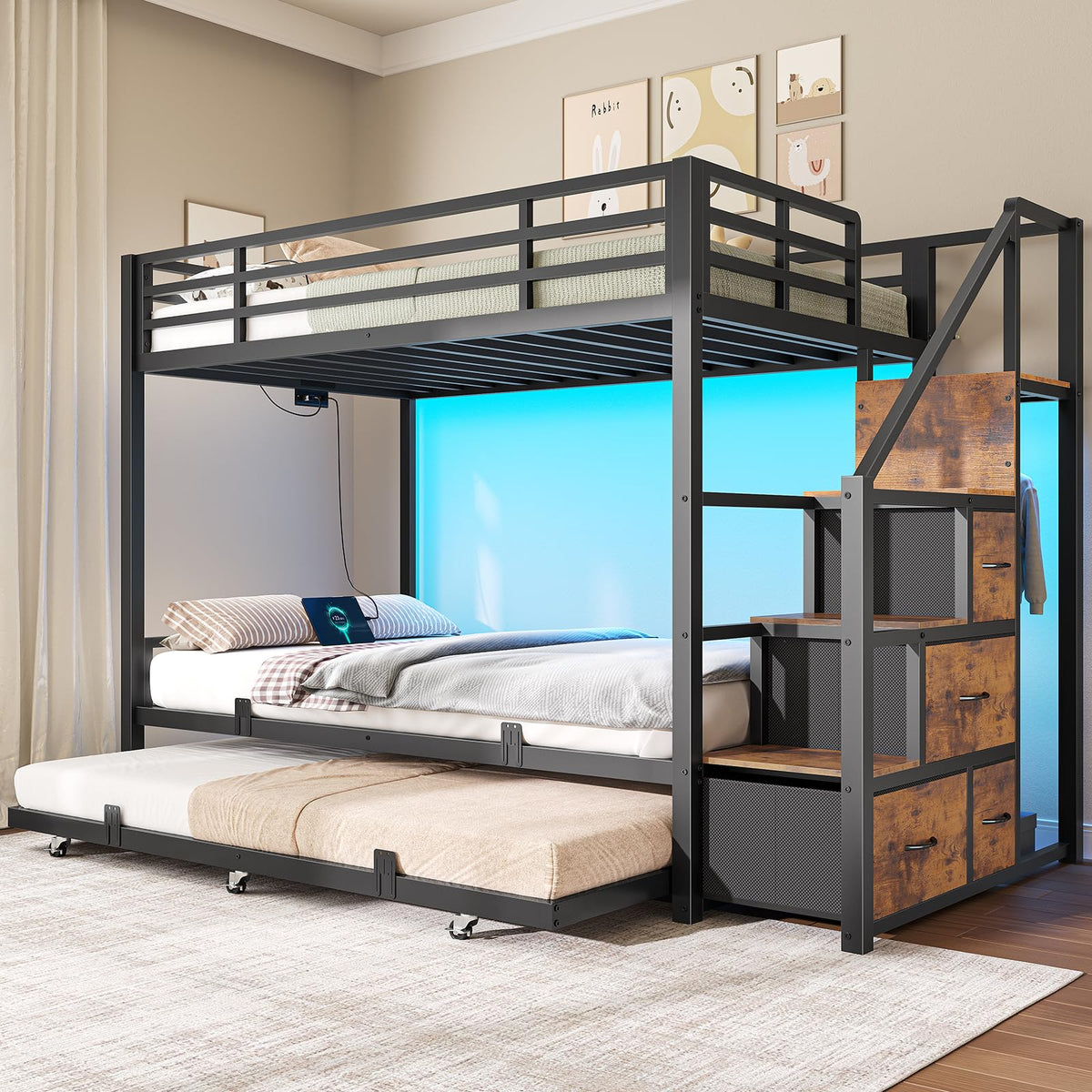 Twin Over Twin Metal Bunk Bed with Trundle and Staircase, Black C806095