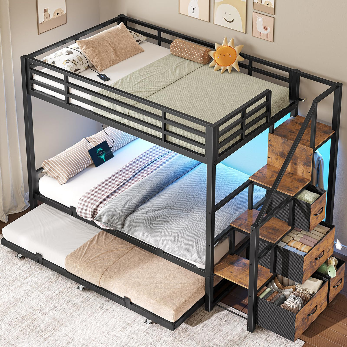 Twin Over Twin Metal Bunk Bed with Trundle and Staircase, Black C806095