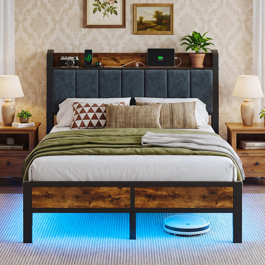 Full Size Bed Frame with LED Lights and Charging Station J49246