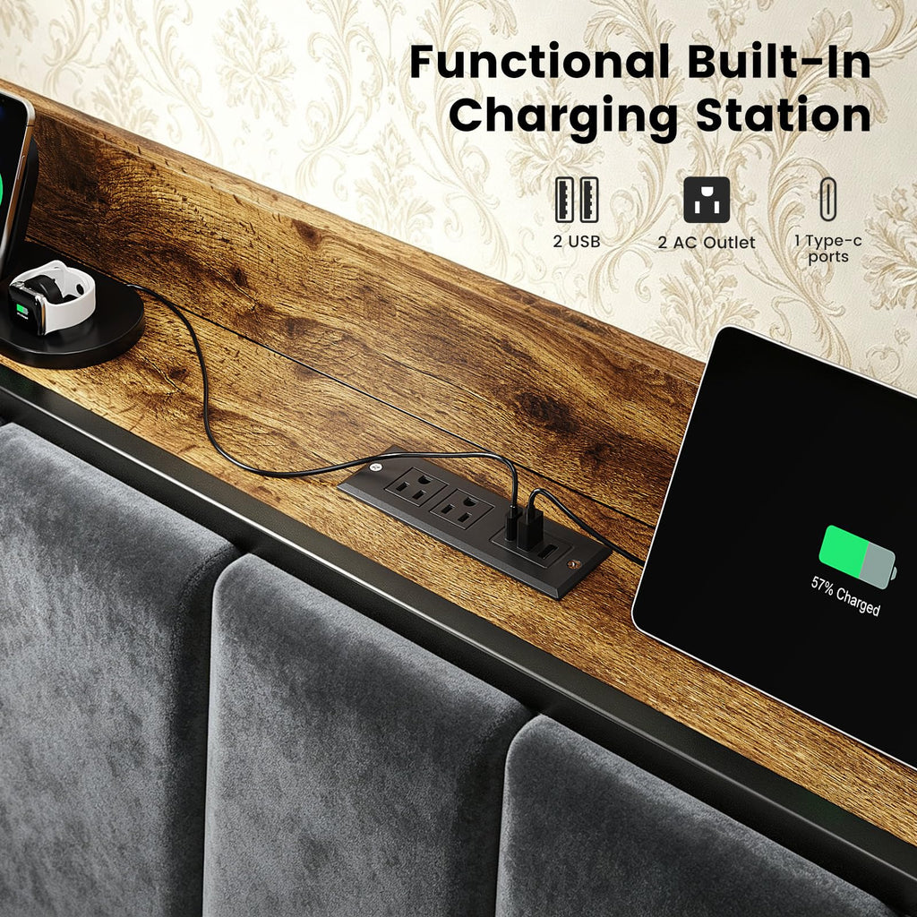 Full Size Bed Frame with LED Lights and Charging Station J49246
