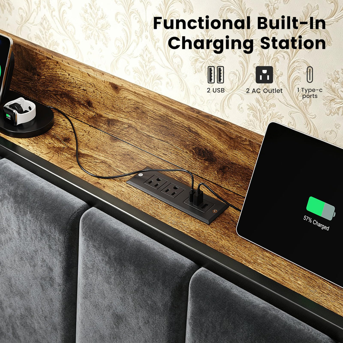 Full Size Bed Frame with LED Lights and Charging Station J49246