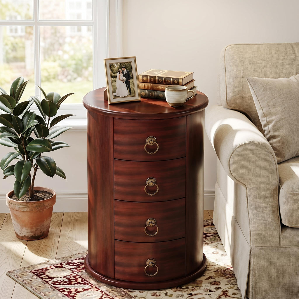 Solid Wood Round End Table with 4 Drawers V614532