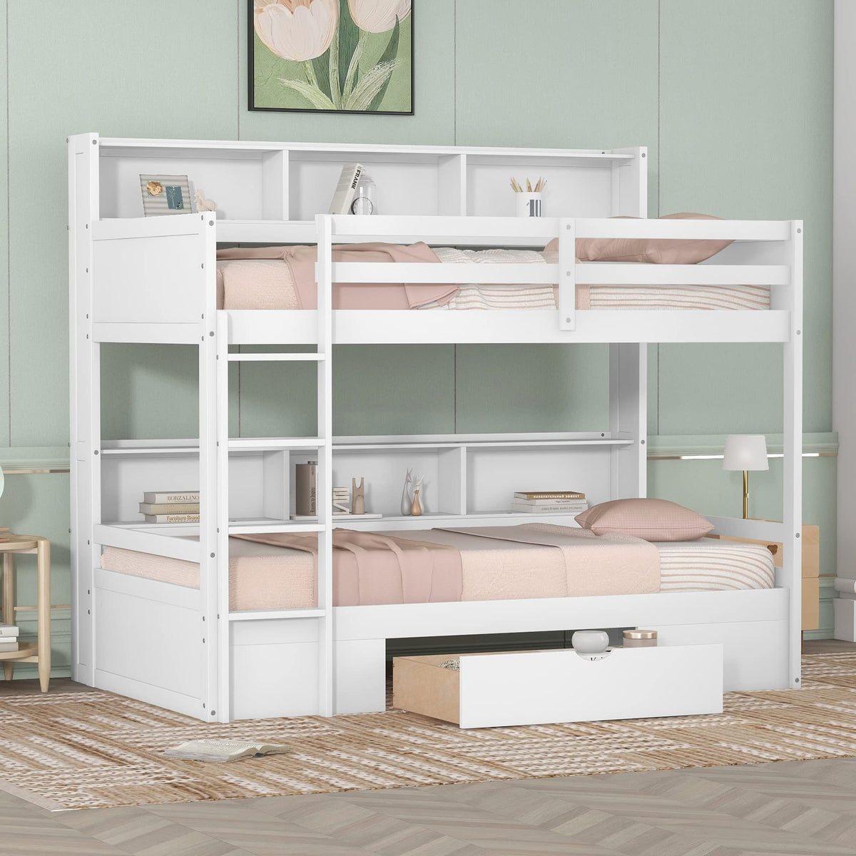 Twin Over Twin Wooden Bunk Bed with Shelves and Storage Drawer T721