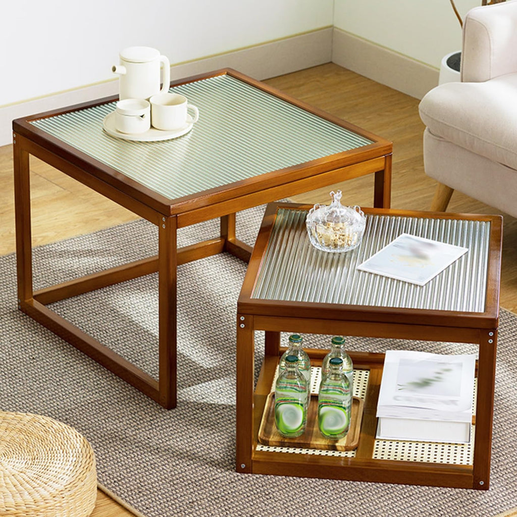 Brown Square Nesting Coffee Table Set of 2 with Tempered Glass and Bamboo E61500