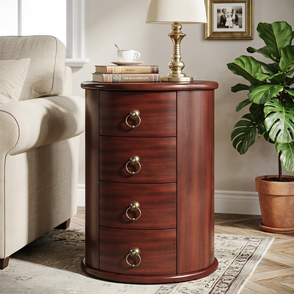 Solid Wood Round End Table with 4 Drawers V614532