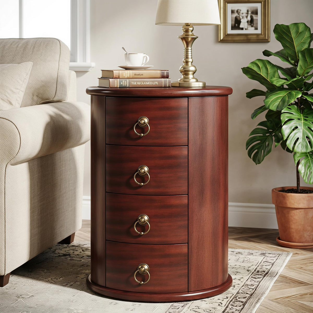 Solid Wood Round End Table with 4 Drawers V614532