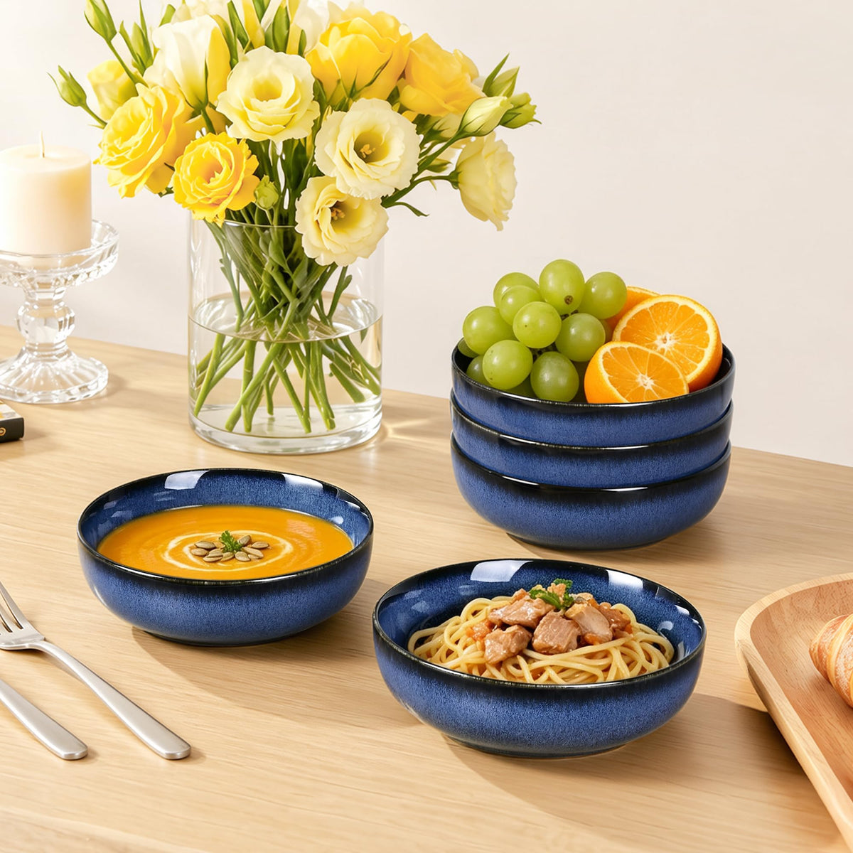 Blue Porcelain Pasta Bowls Set for 4 J4941