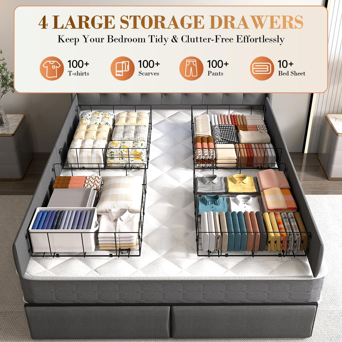 Queen Size Upholstered Bed Frame with 4 Storage Drawers L157