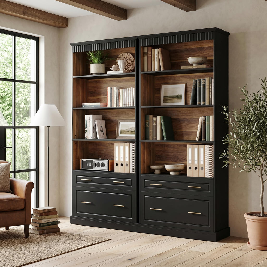 72" Tall Black 5-Tier Bookcase with 2 Drawers C75282