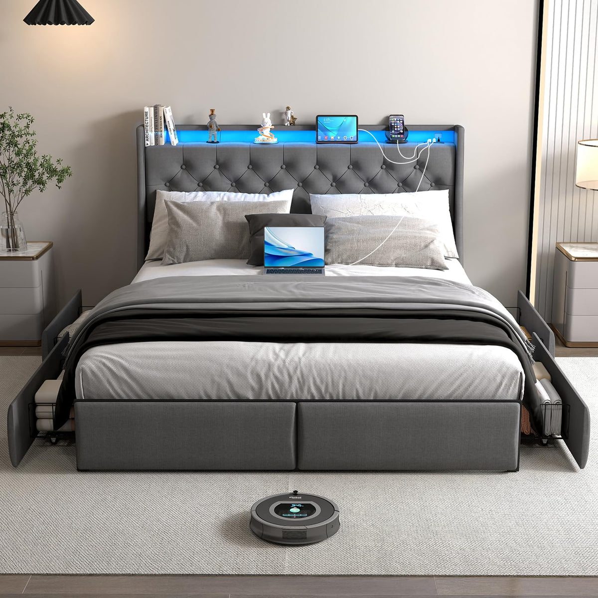 Queen Size Upholstered Bed Frame with 4 Storage Drawers L157