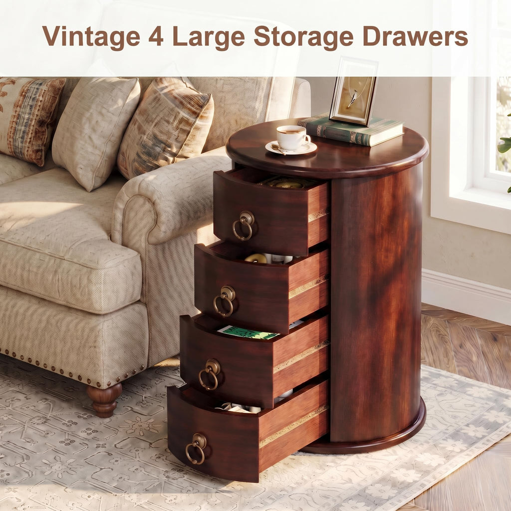 Solid Wood Round End Table with 4 Drawers V614532