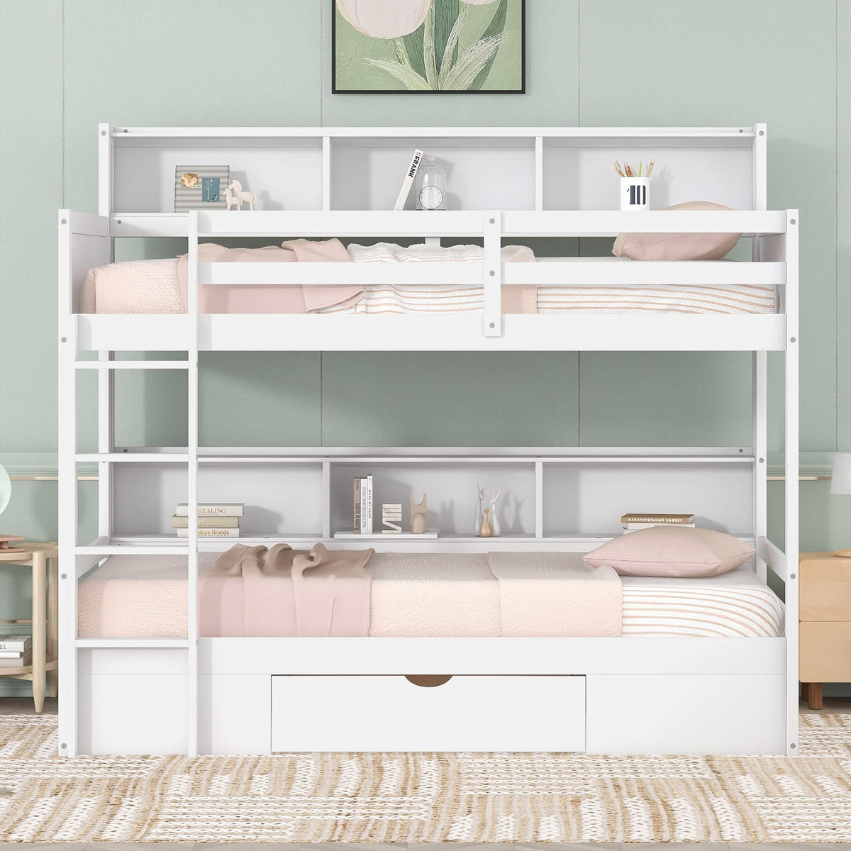 Twin Over Twin Wooden Bunk Bed with Shelves and Storage Drawer T721