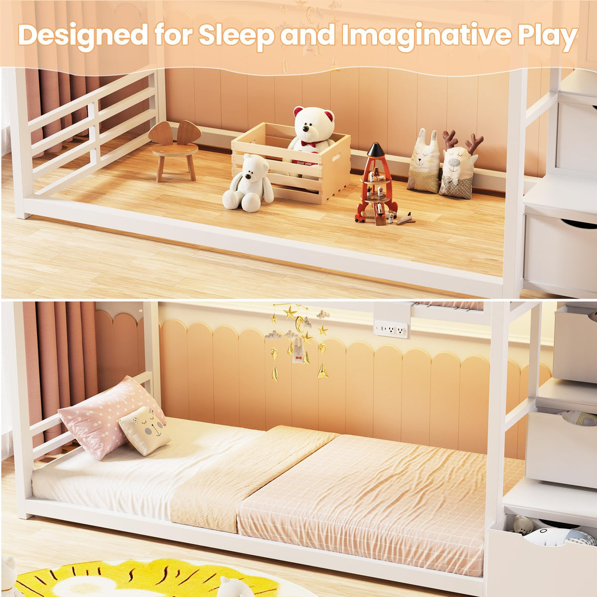 White Twin Over Twin Bunk Bed with Storage Stairs W1212