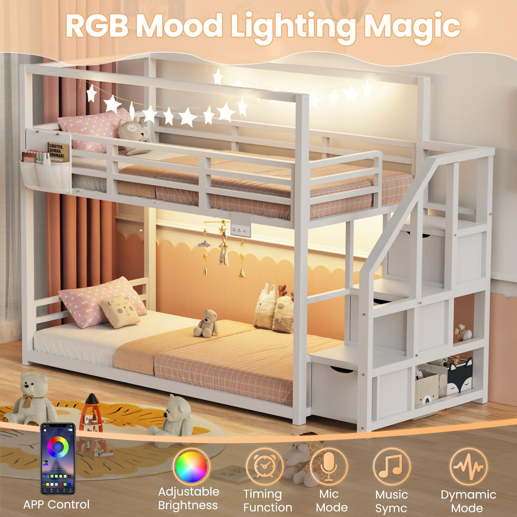 White Twin Over Twin Bunk Bed with Storage Stairs W1212