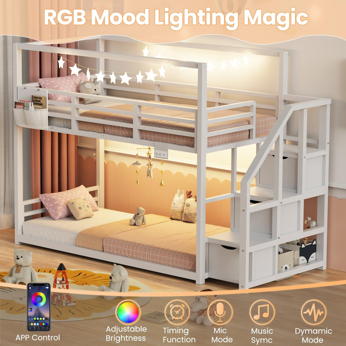 White Twin Over Twin Bunk Bed with Storage Stairs W1212