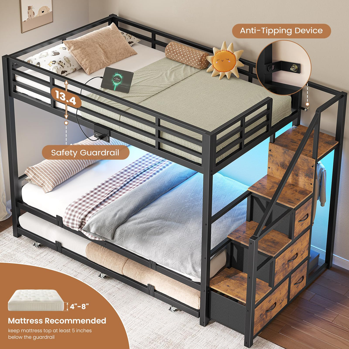 Twin Over Twin Metal Bunk Bed with Trundle and Staircase, Black C806095