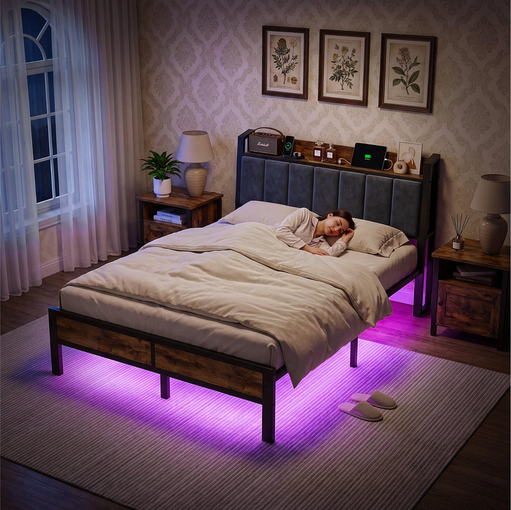 Full Size Bed Frame with LED Lights and Charging Station J49246