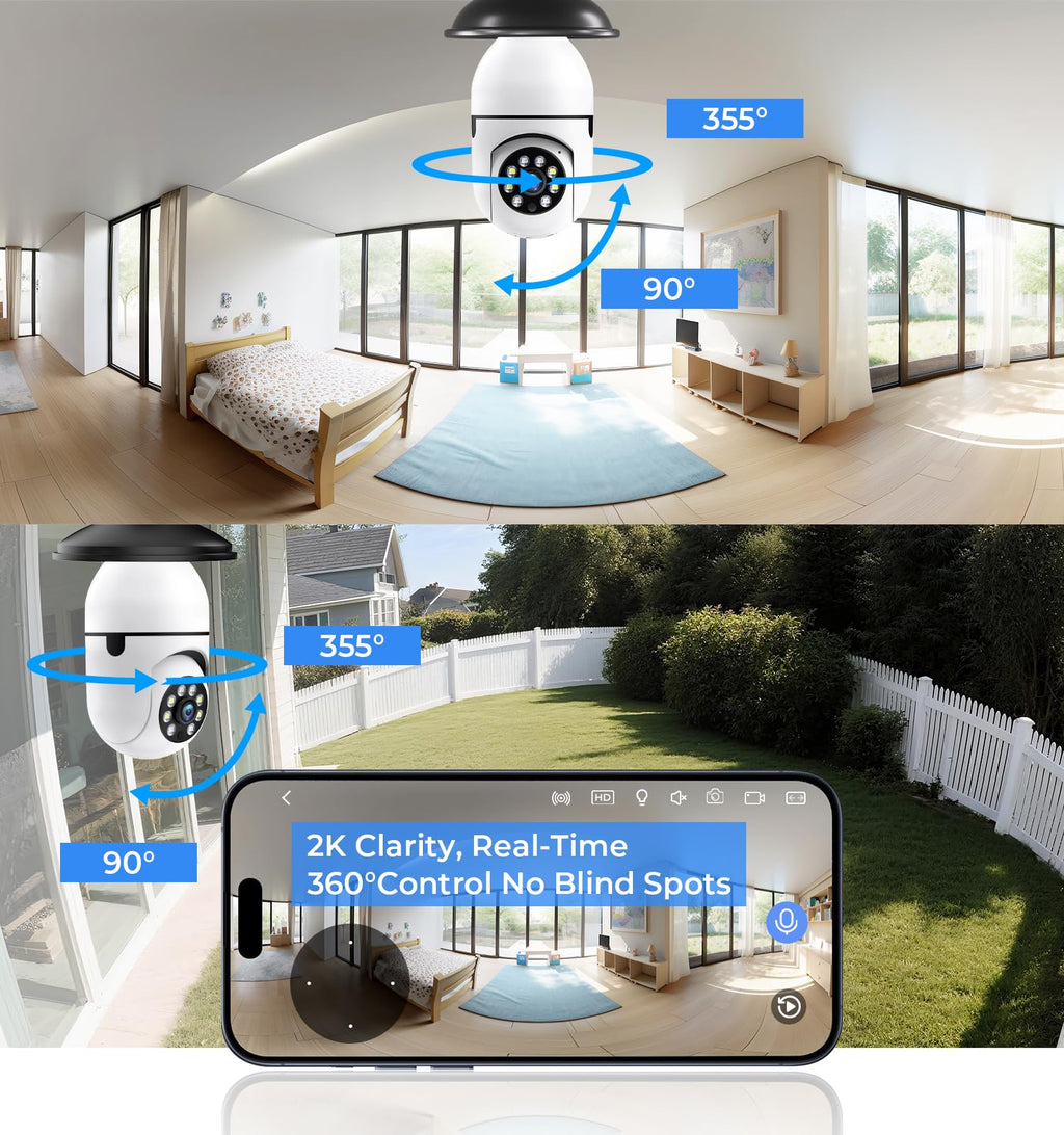 2K 5GHz & 2.4GHz WiFi Light Bulb Security Camera 360° PTZ X5352