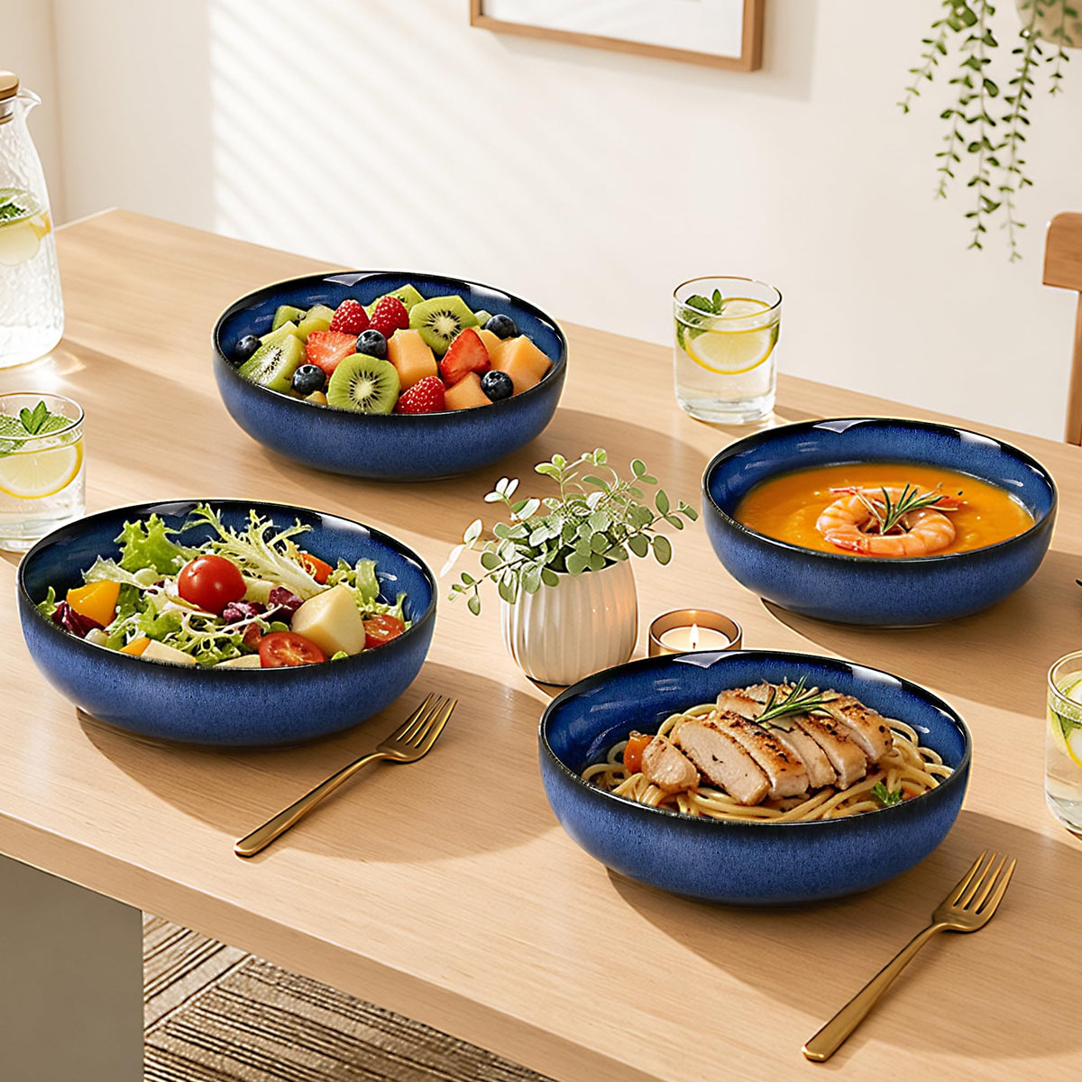 Blue Porcelain Pasta Bowls Set for 4 J4941
