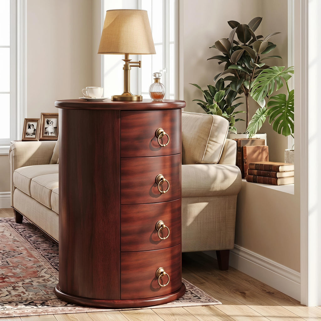 Solid Wood Round End Table with 4 Drawers V614532