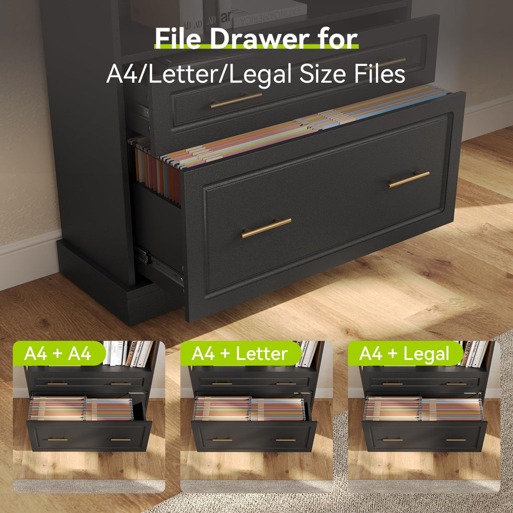 72" Tall Black 5-Tier Bookcase with 2 Drawers C75282