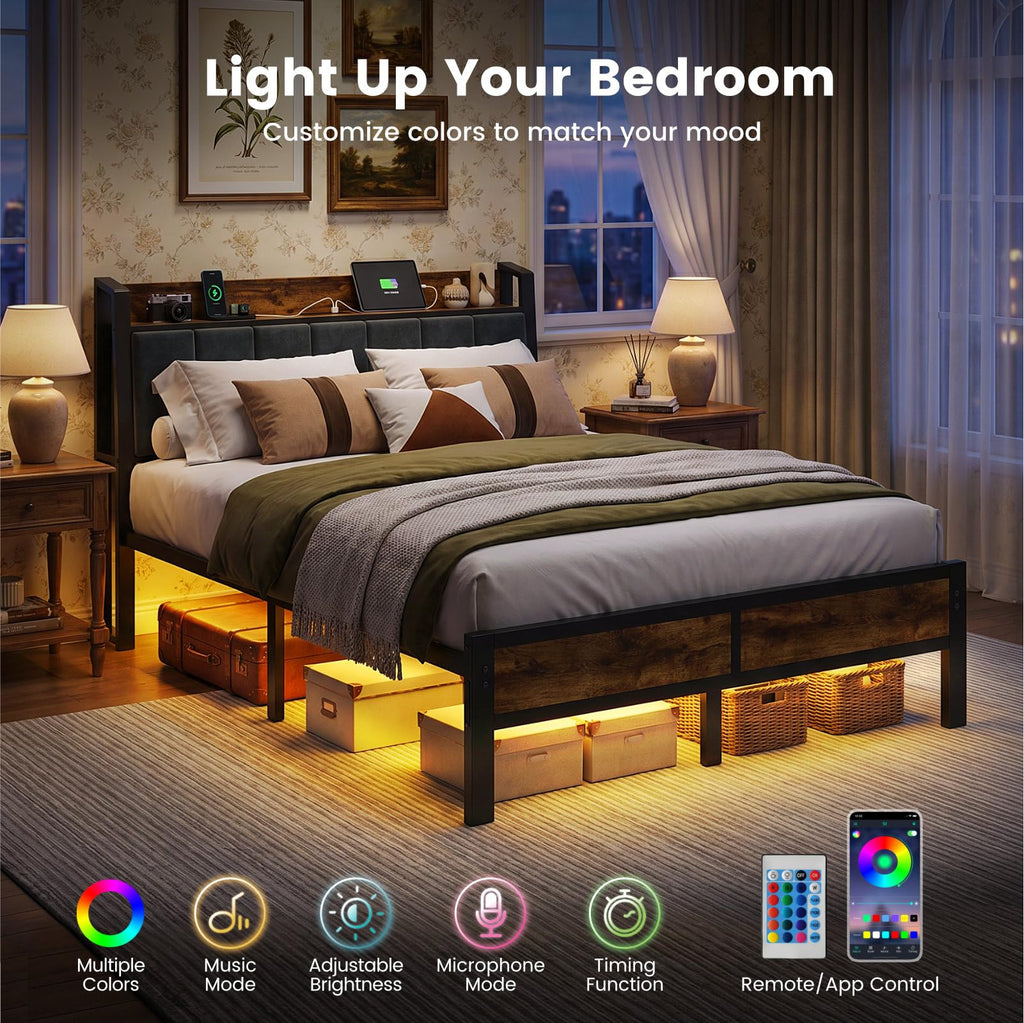 Full Size Bed Frame with LED Lights and Charging Station J49246