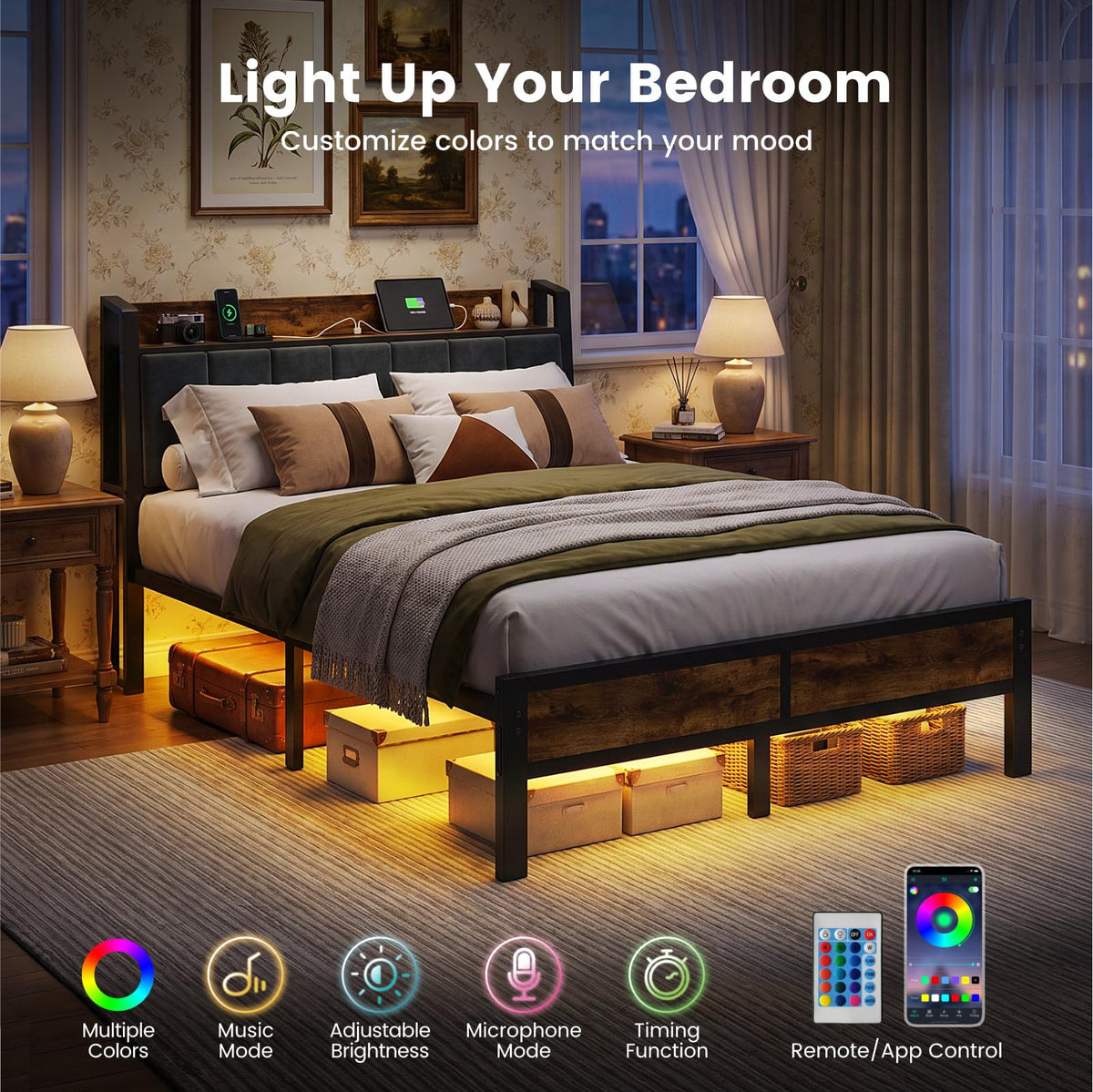 Full Size Bed Frame with LED Lights and Charging Station J49246
