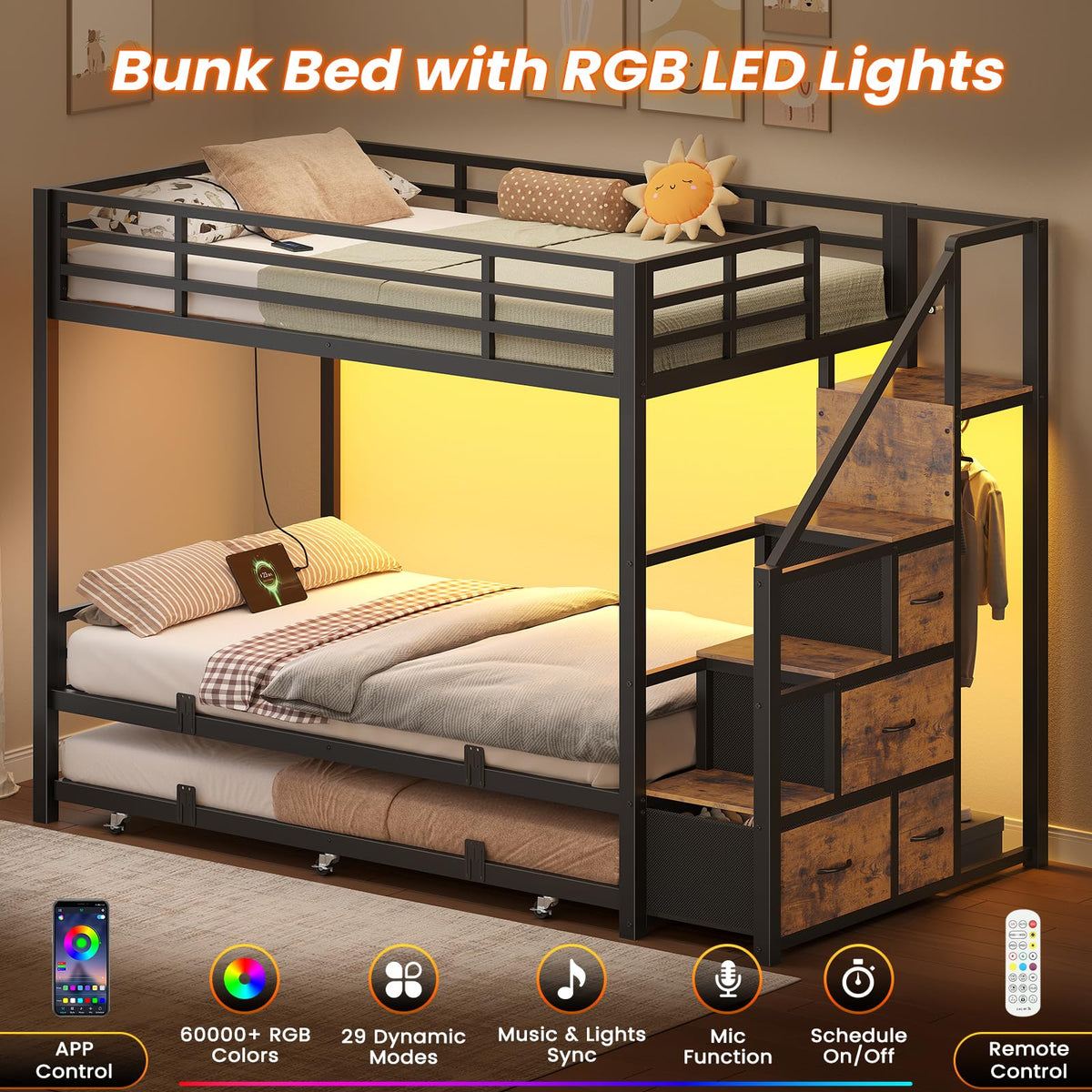 Twin Over Twin Metal Bunk Bed with Trundle and Staircase, Black C806095