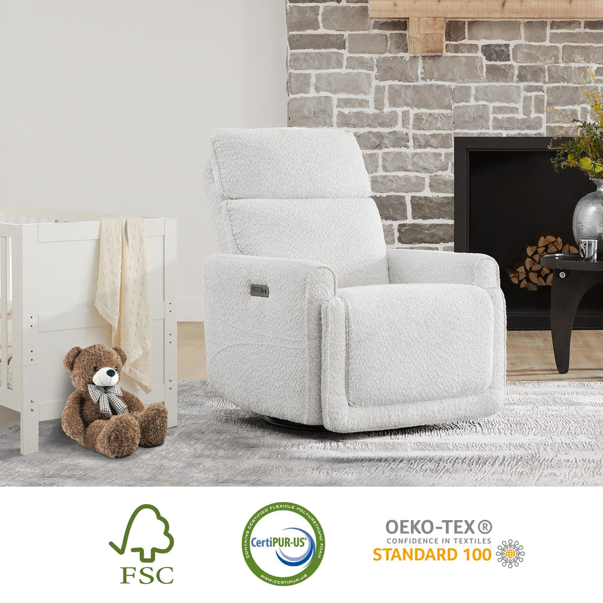 White Boucle Power Swivel Glider Recliner Chair Z340101