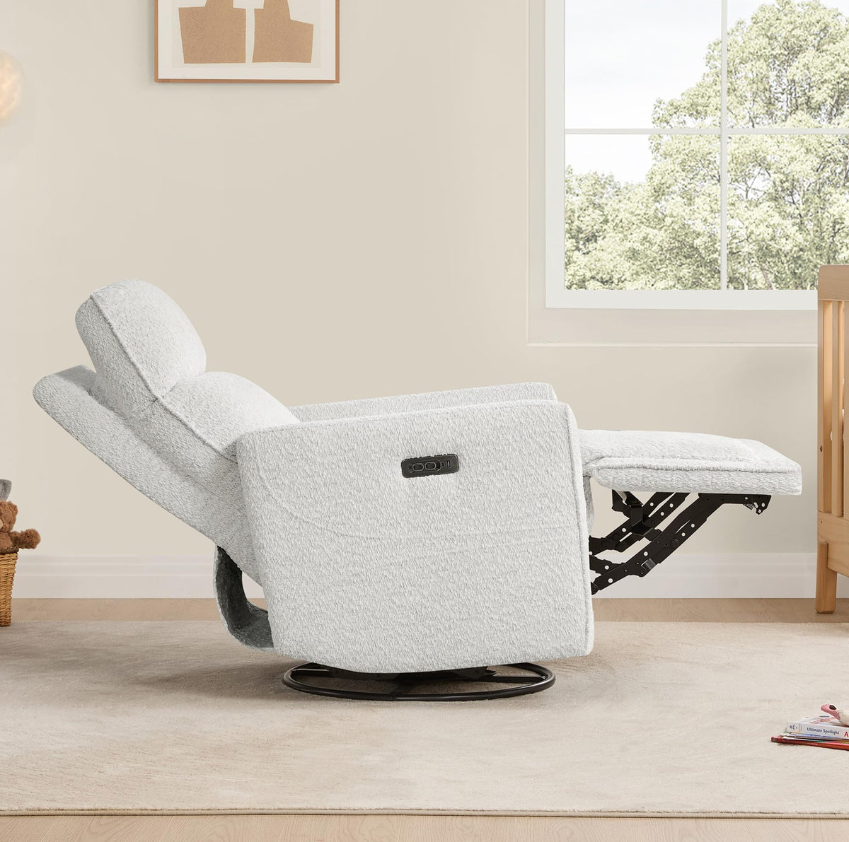 White Boucle Power Swivel Glider Recliner Chair Z340101
