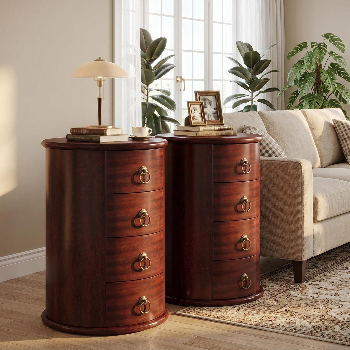 Solid Wood Round End Table with 4 Drawers V614532
