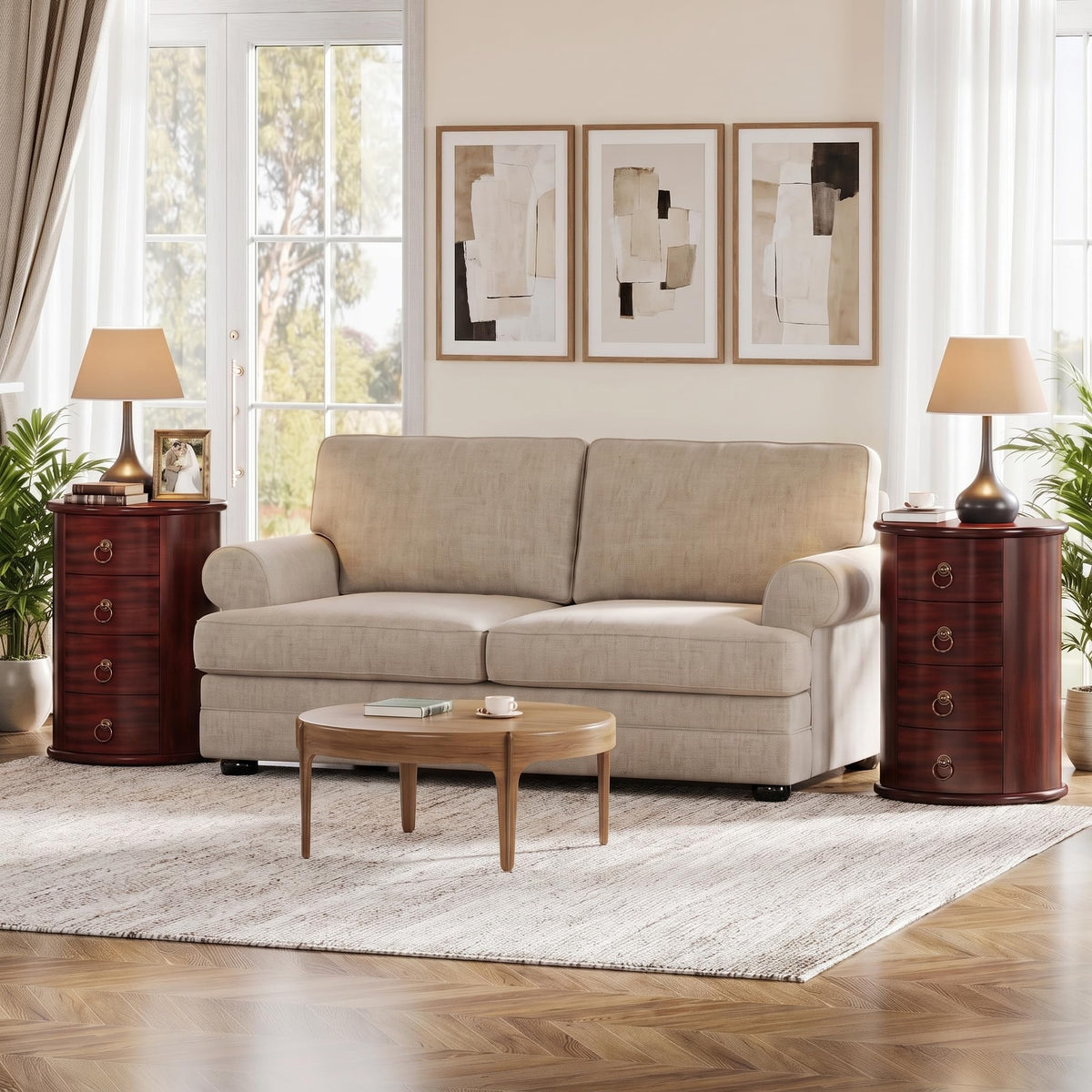 Solid Wood Round End Table with 4 Drawers V614532