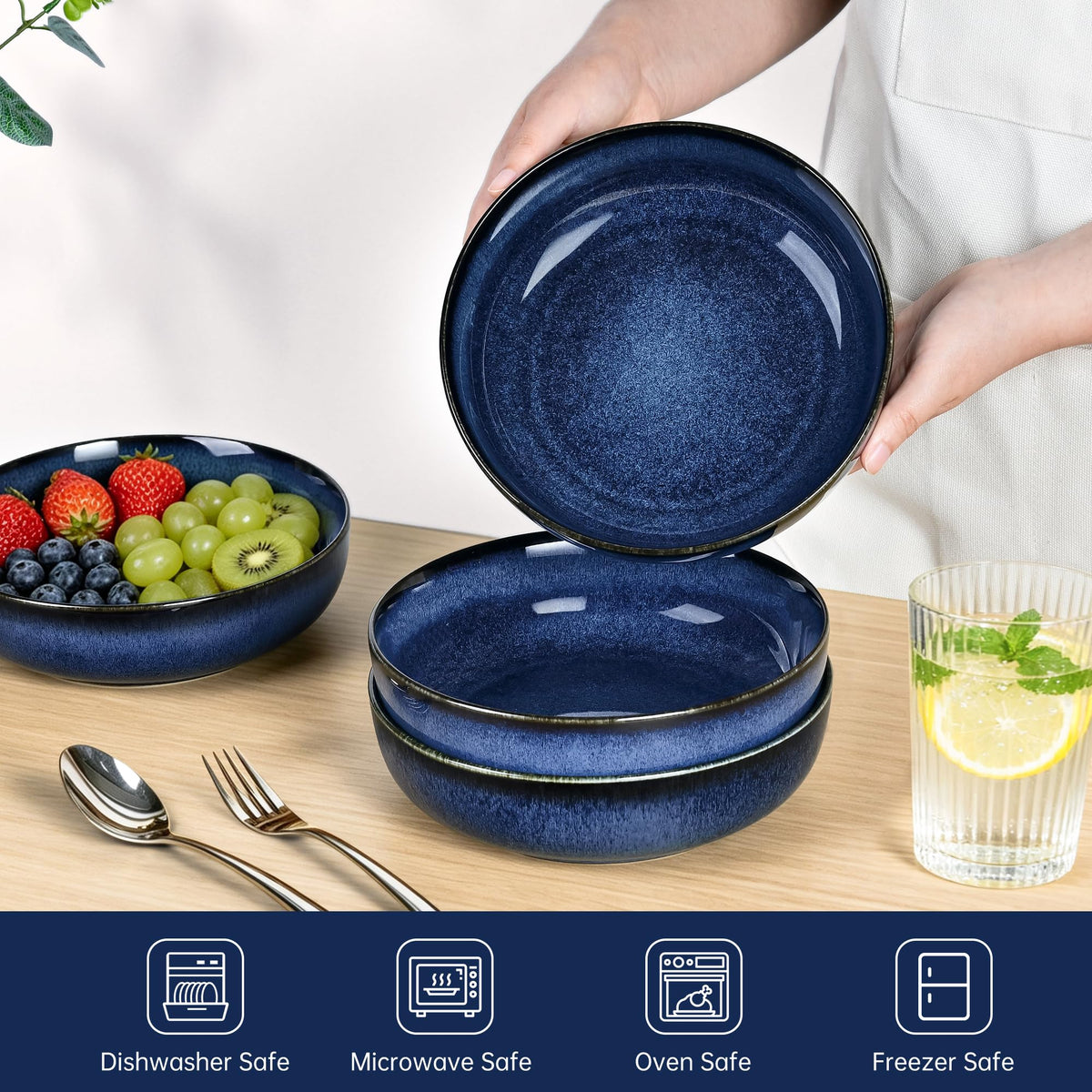 Blue Porcelain Pasta Bowls Set for 4 J4941