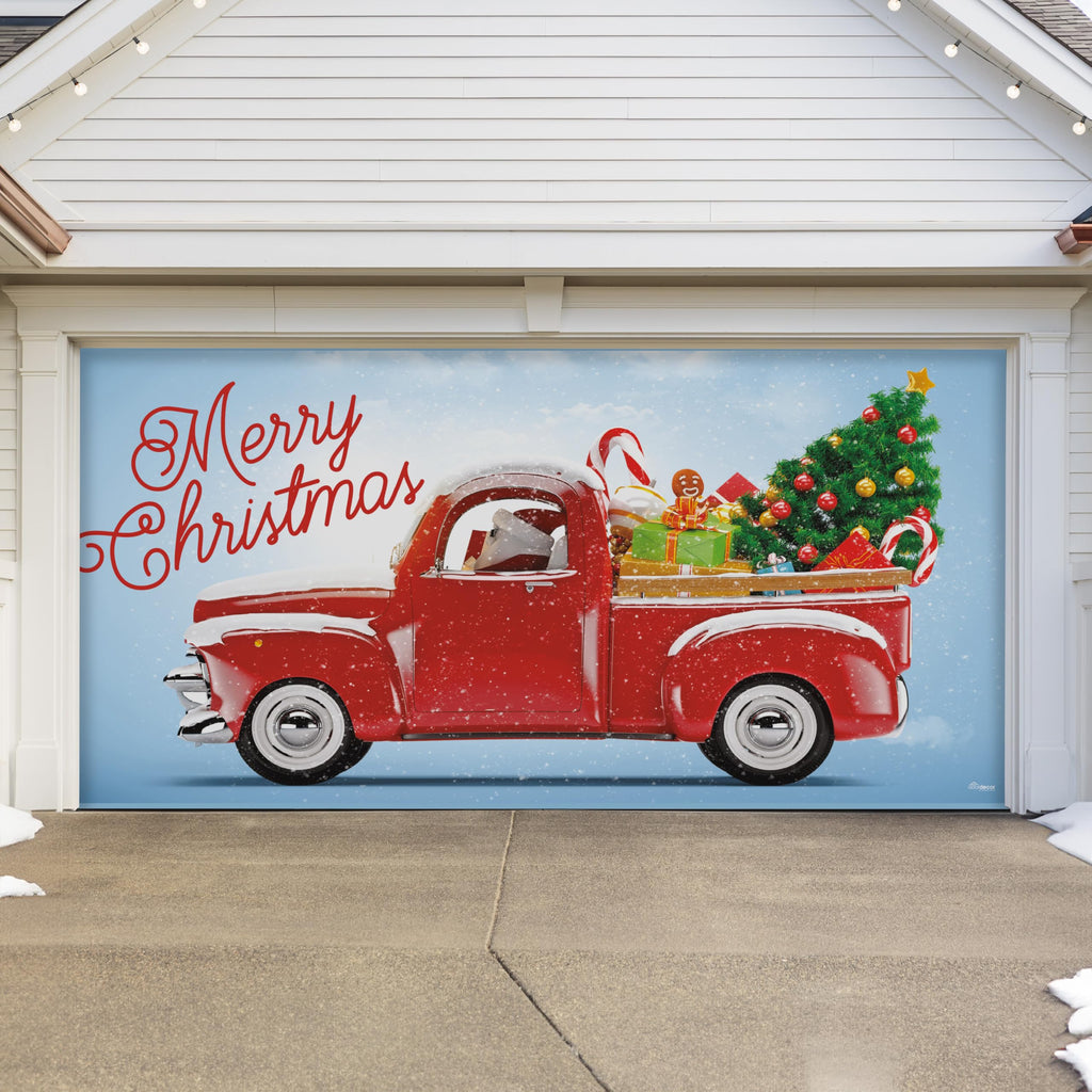 Red Truck Christmas Tree Double Garage Door Banner T346