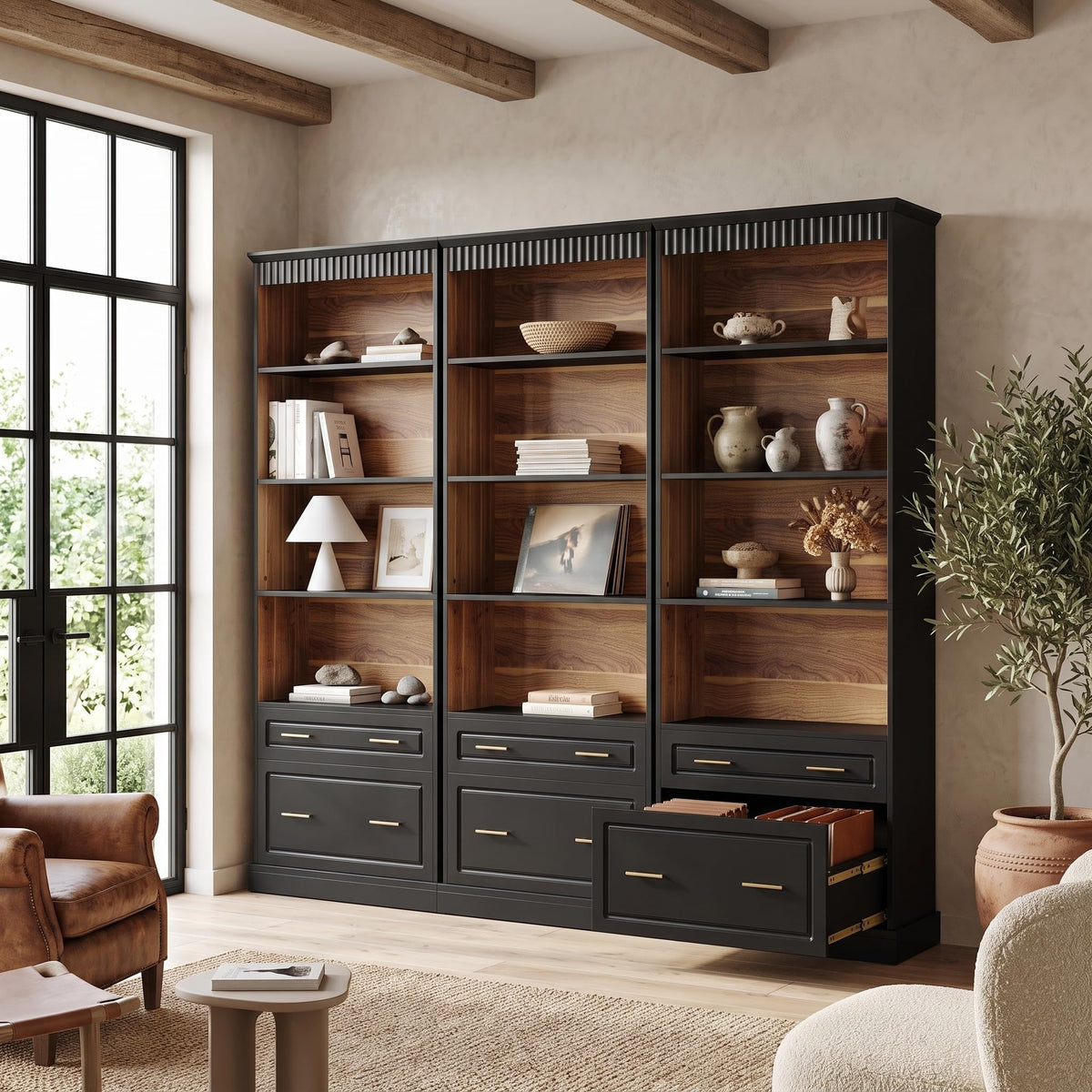 72" Tall Black 5-Tier Bookcase with 2 Drawers C75282