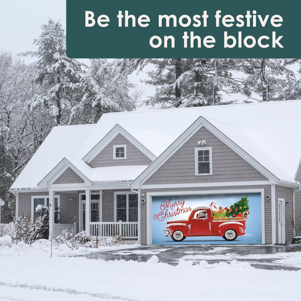 Red Truck Christmas Tree Double Garage Door Banner T346