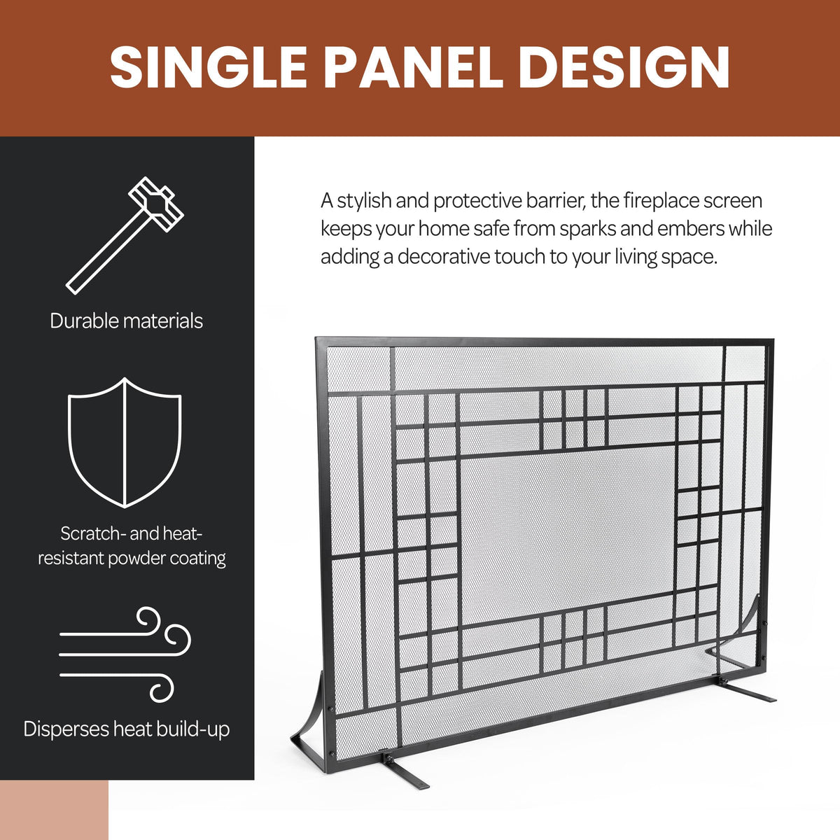 Single Panel Fireplace Screen with Mesh Spark Guard K9057