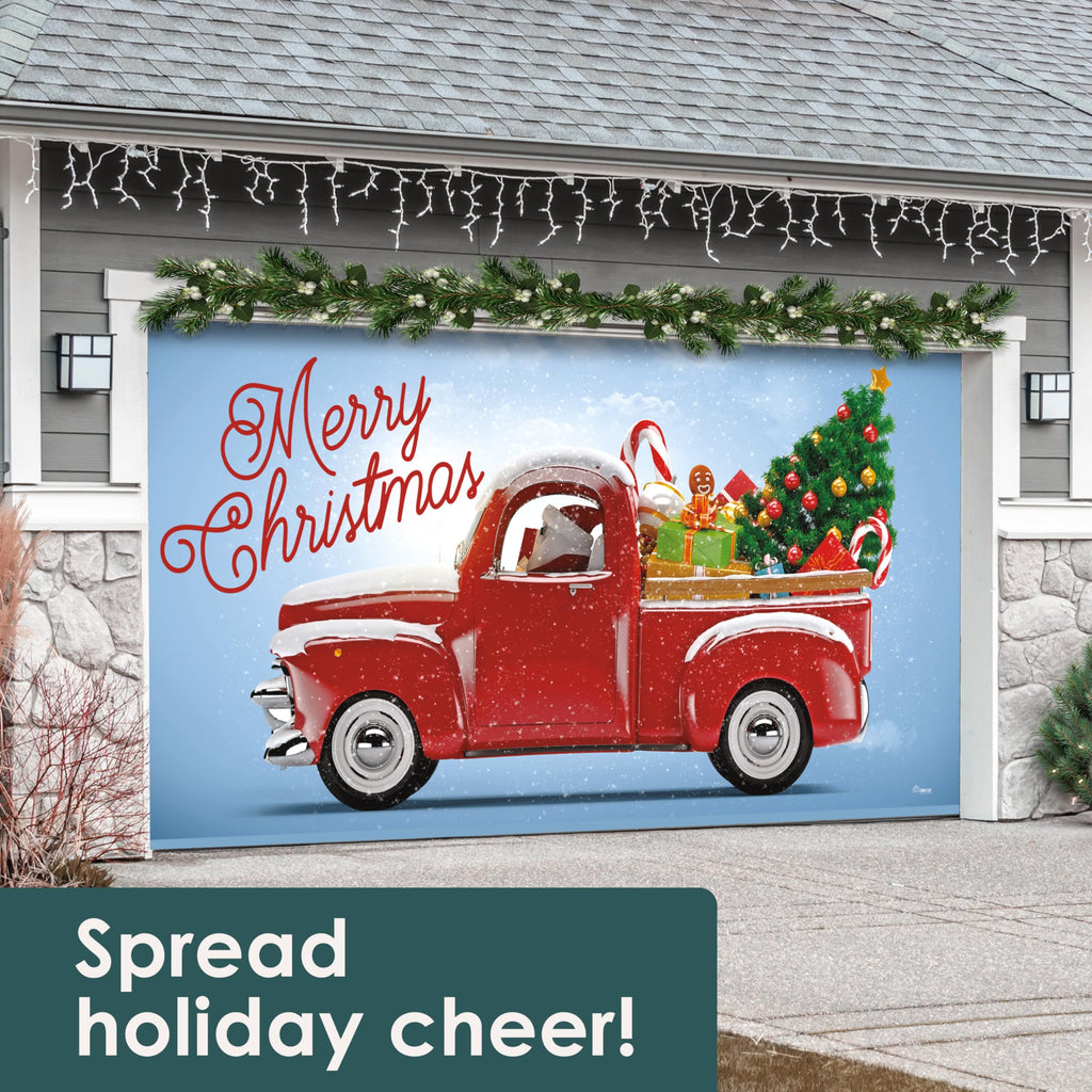 Red Truck Christmas Tree Double Garage Door Banner T346