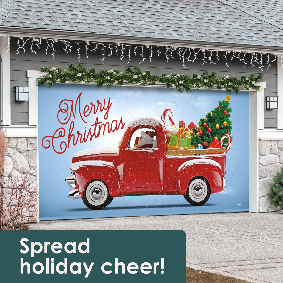 Red Truck Christmas Tree Double Garage Door Banner T346