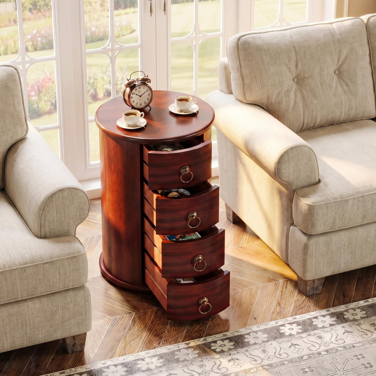 Solid Wood Round End Table with 4 Drawers V614532